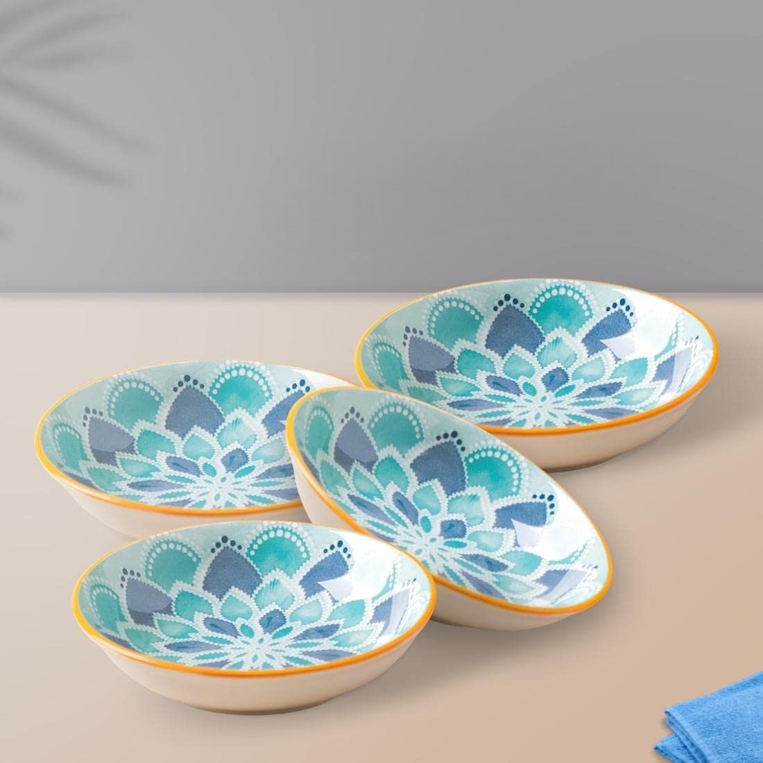 Elegant Aqua Bloom Ceramic Bowls – Set of 4 | Perfect for Snacks, Salads & Desserts