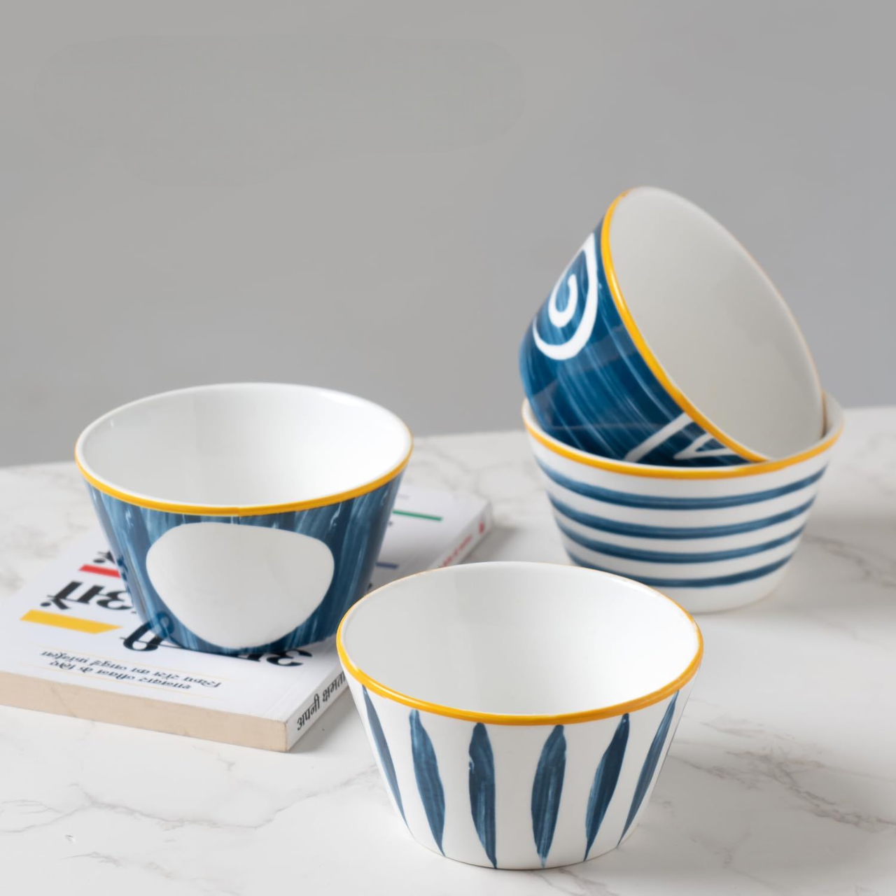 Indigo Charm Ceramic Bowls – Set of 4 | Handcrafted Blue & White Serving Bowls with Golden Rim