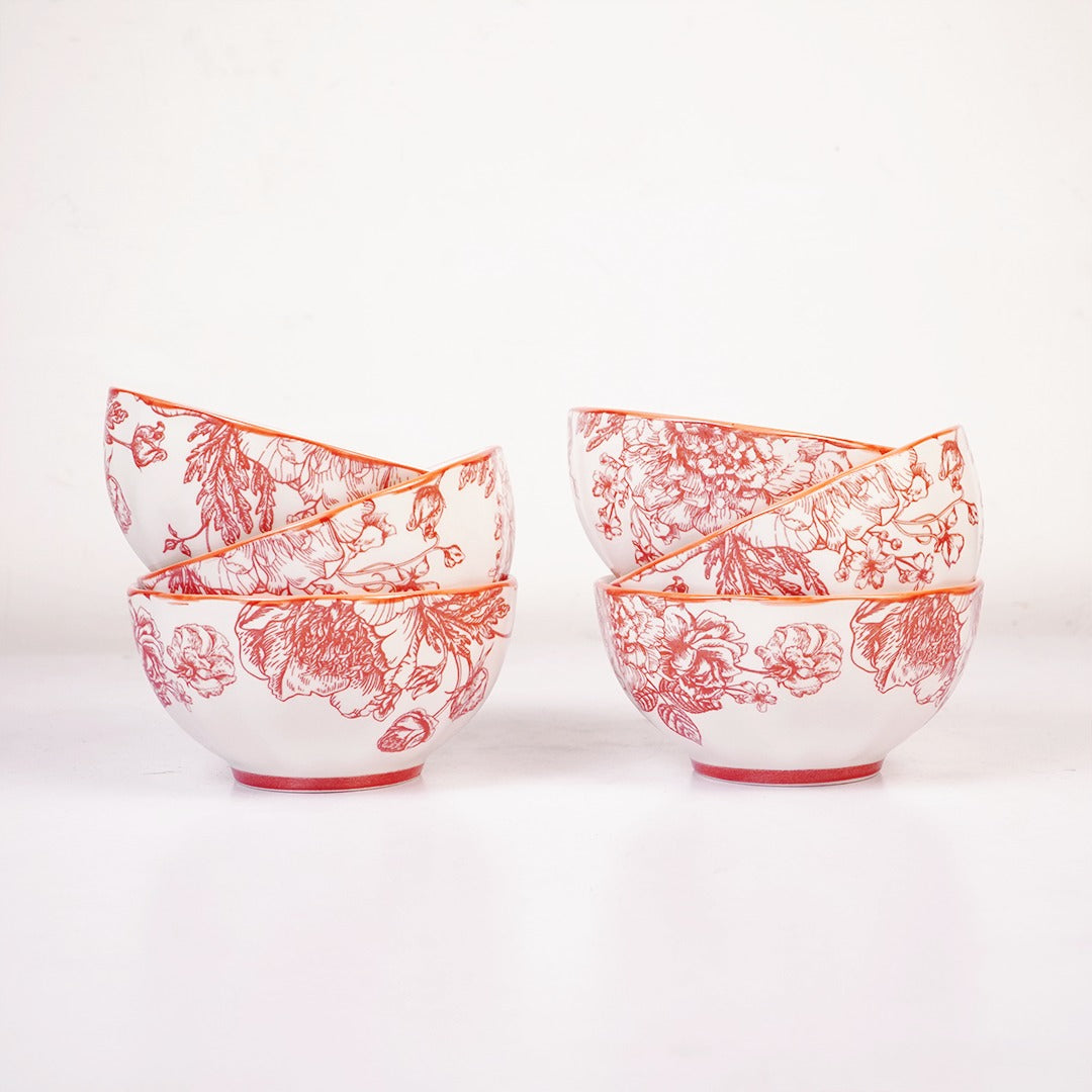 Vintage Floral Ceramic Soup Bowl Set of 6 Red Flower Print Serving & Snack Bowls