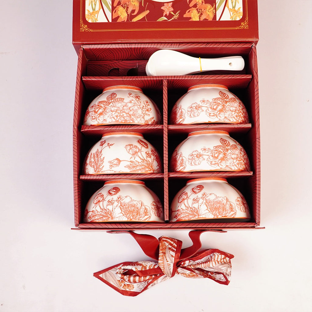 Vintage Floral Ceramic Soup Bowl Set of 6 Red Flower Print Serving & Snack Bowls