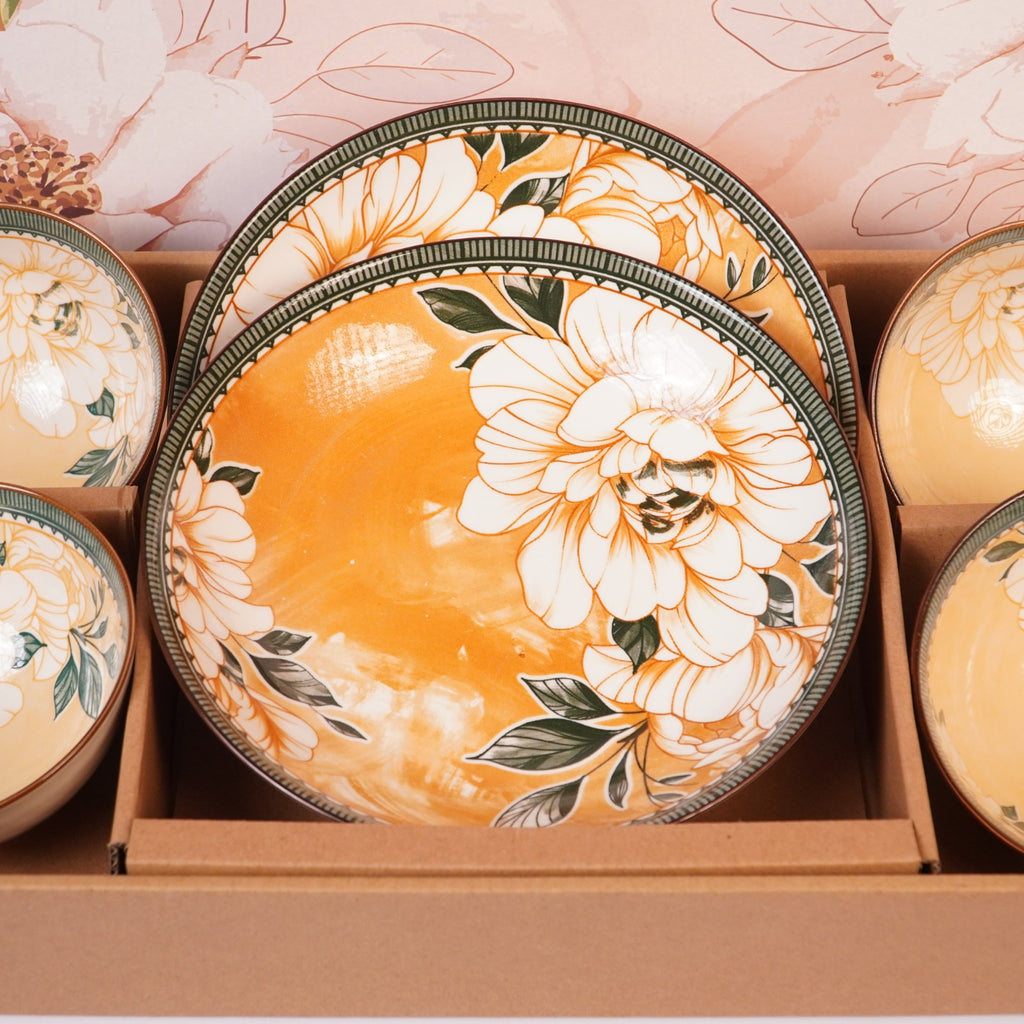 Floral Ceramic Dinnerware Set – Elegant Golden Floral Tableware for Dining & Serving