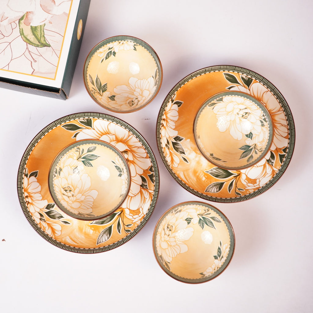 Floral Ceramic Dinnerware Set – Elegant Golden Floral Tableware for Dining & Serving