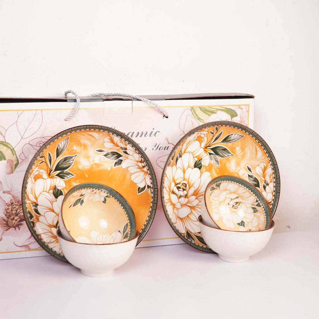 Floral Ceramic Dinnerware Set – Elegant Golden Floral Tableware for Dining & Serving