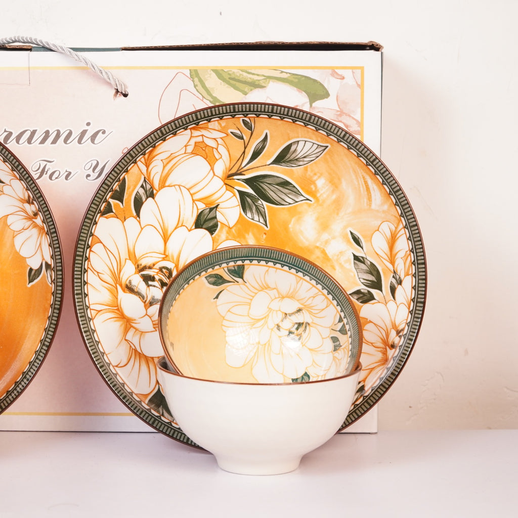 Floral Ceramic Dinnerware Set – Elegant Golden Floral Tableware for Dining & Serving