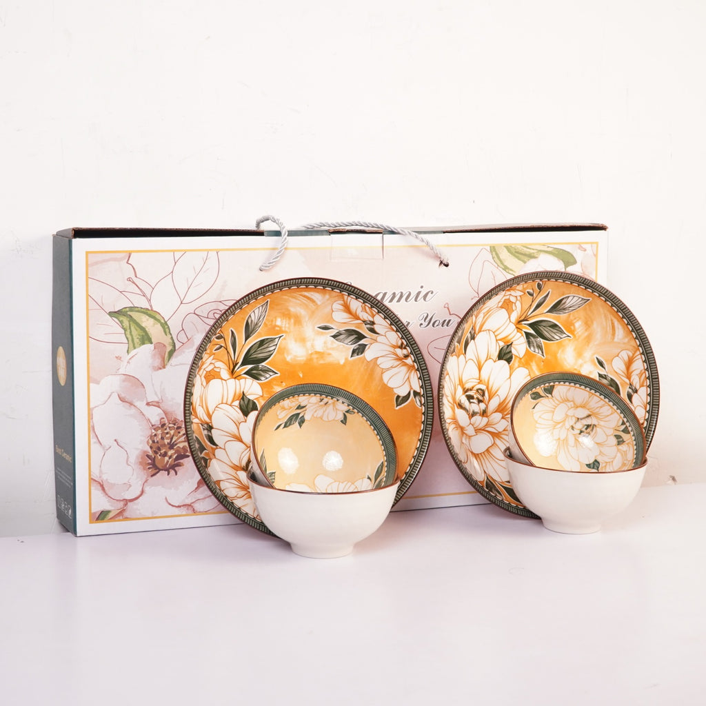 Floral Ceramic Dinnerware Set – Elegant Golden Floral Tableware for Dining & Serving