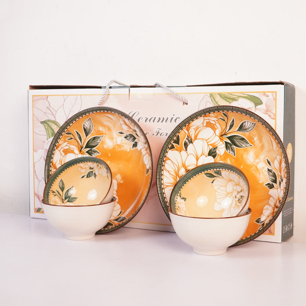 Floral Ceramic Dinnerware Set – Elegant Golden Floral Tableware for Dining & Serving
