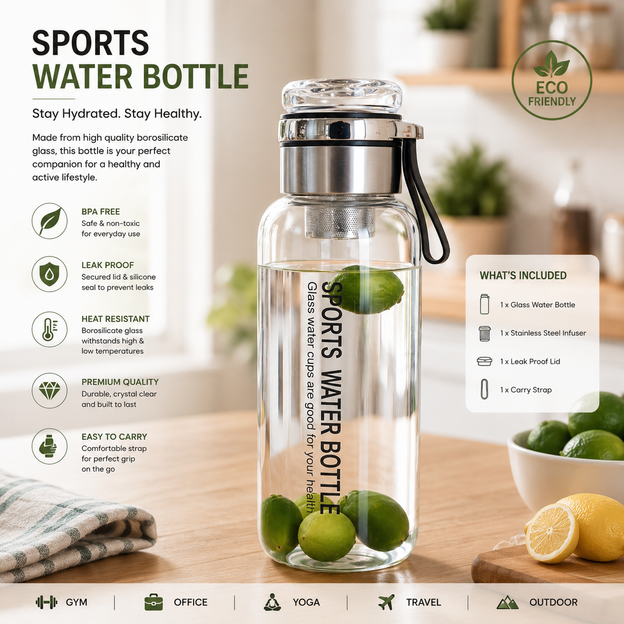 Glass Infuser Water Bottle with Stainless Steel Filter | Fruit Infuser, Detox & Flavoured Water Bottle