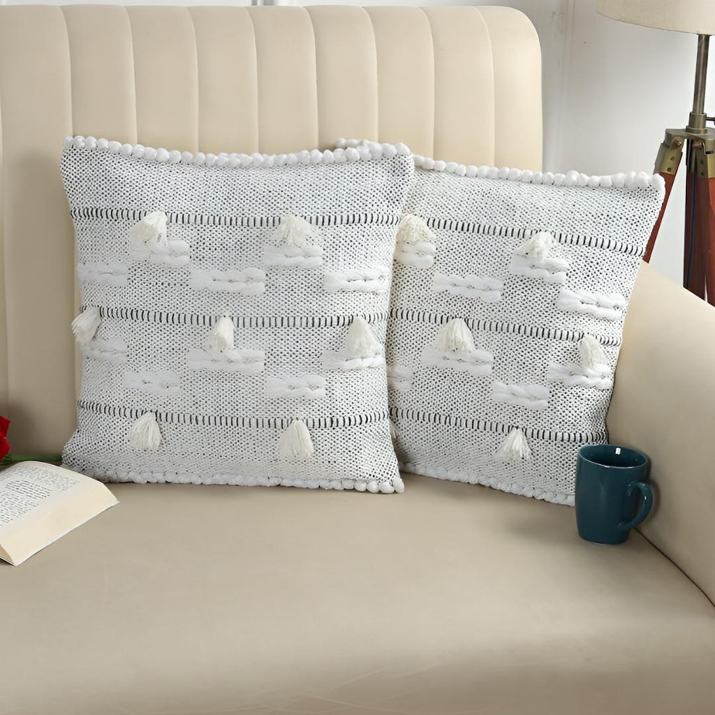 White Boho Textured Cushion Cover Set – Tufted Tassel Decorative Throw Pillows Cover Set for Sofa, Living Room & Bedroom (Pack of 2)