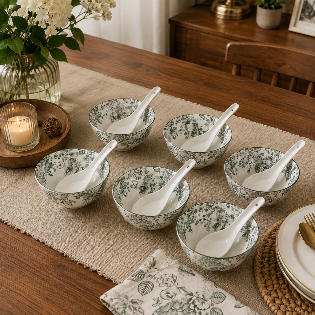 Boutique Ceramic Soup Bowl Set – Elegant Green Floral Bowls for Everyday Dining