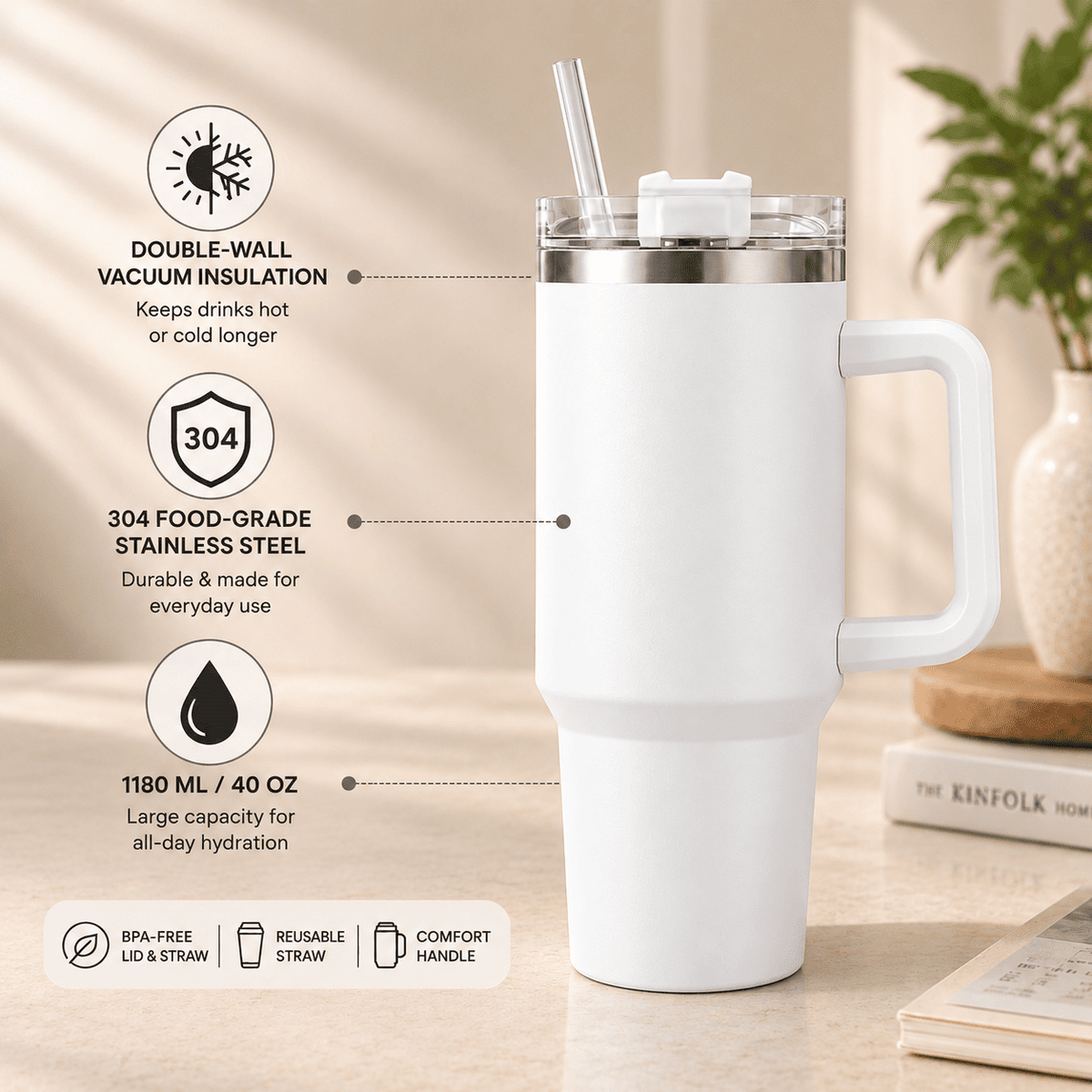 H20 FlowState Stainless Steel Vacuum Insulated Tumbler ( WHITE )