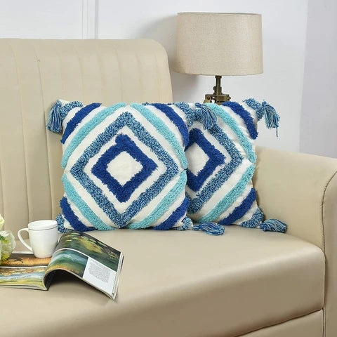 Boho Geometric Textured Cushion Cover Set – Green & Navy Diamond Tufted Decorative Throw Pillows Cover Set with Tassels for Sofa, Living Room & Bedroom (Pack of 2)