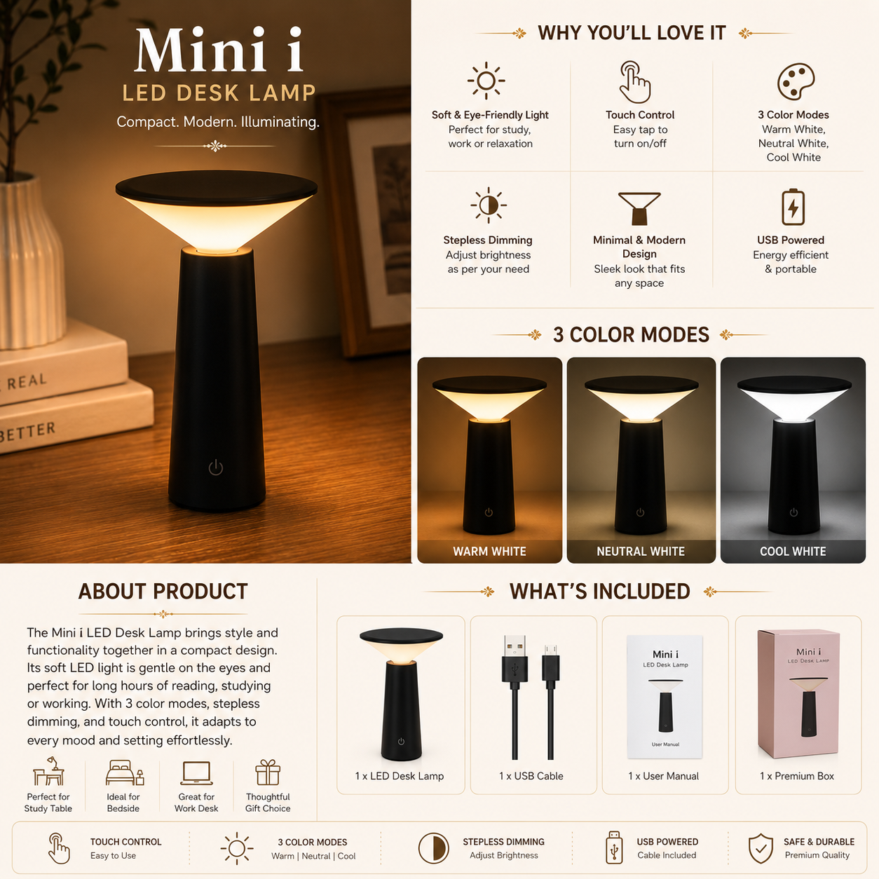 Mini LED Desk Lamp – Modern Rechargeable Touch Table Light