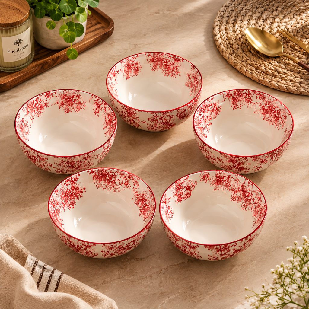 Vintage Floral Ceramic Soup Bowl Set of 6 Red Flower Print Serving & Snack Bowls