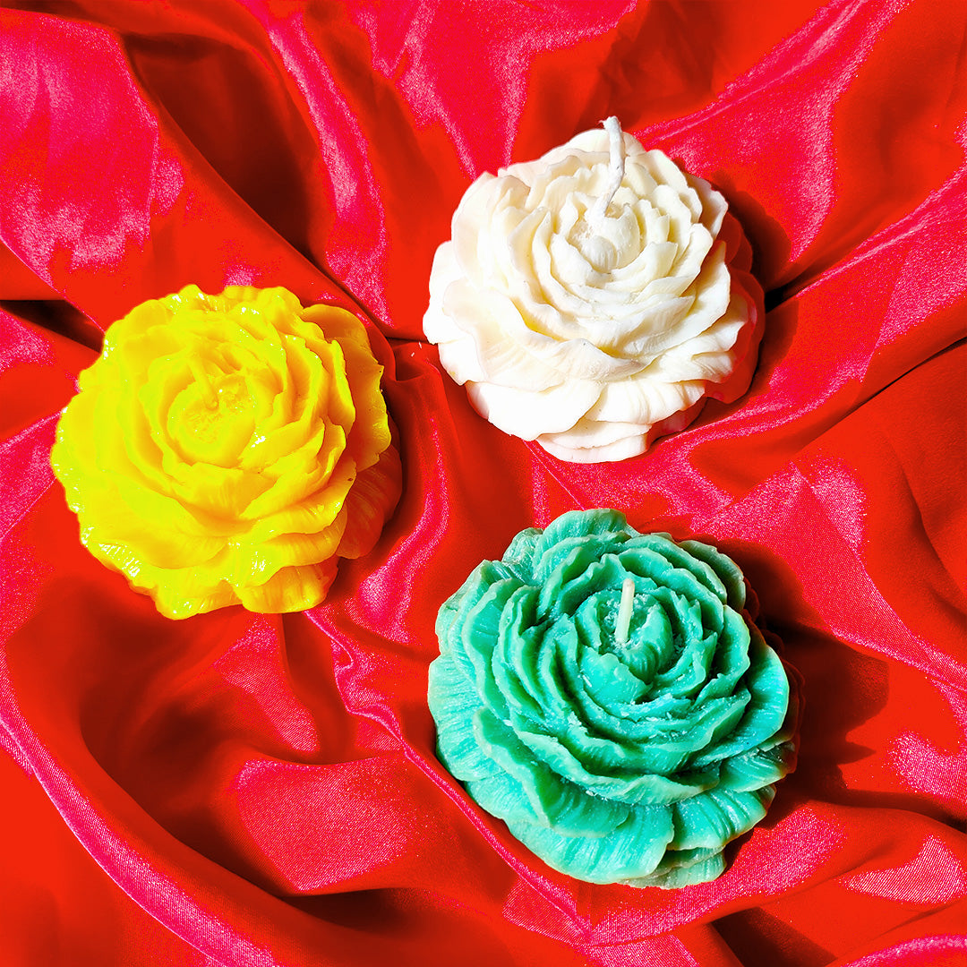 set of 3 Decorative Rose Flower Candles (White, Yellow & Green) – Perfect for Home Décor & Gifting