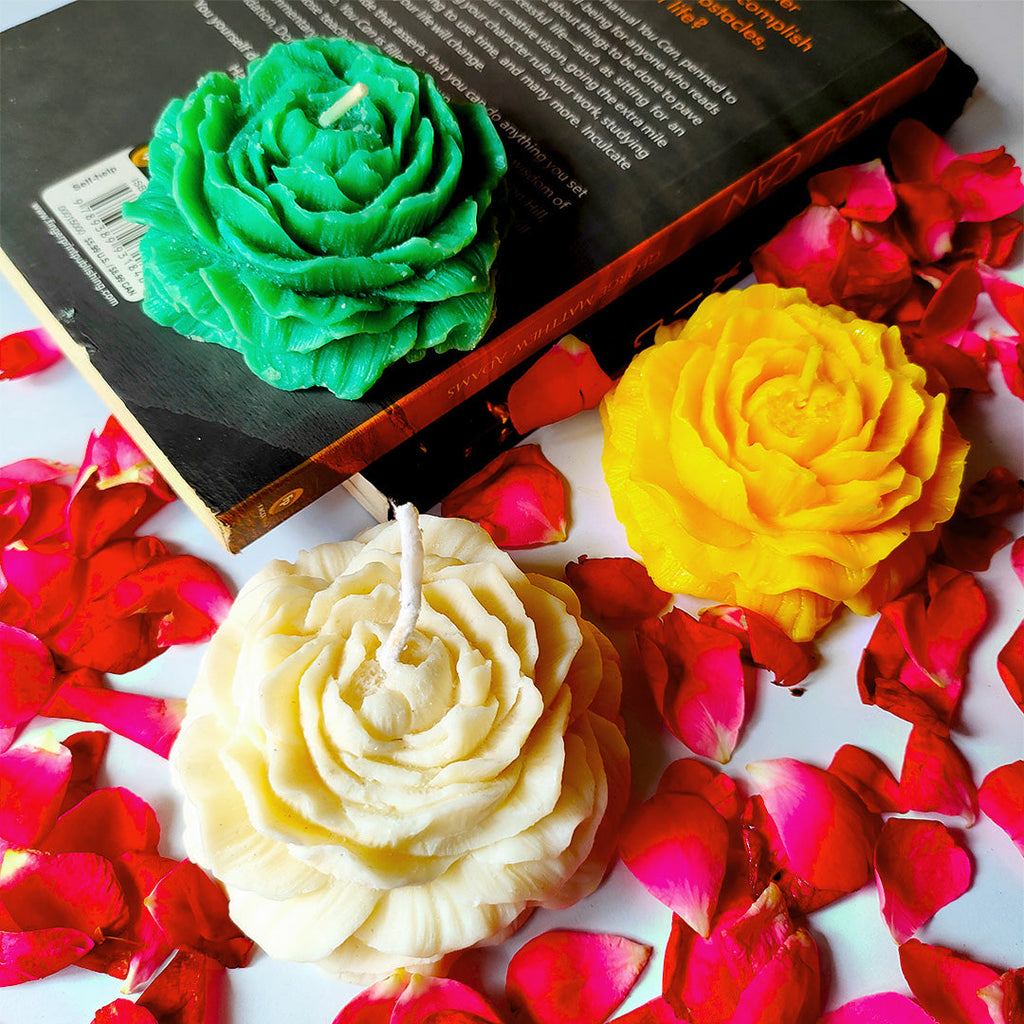 set of 3 Decorative Rose Flower Candles (White, Yellow & Green) – Perfect for Home Décor & Gifting