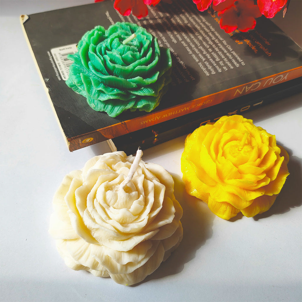 set of 3 Decorative Rose Flower Candles (White, Yellow & Green) – Perfect for Home Décor & Gifting