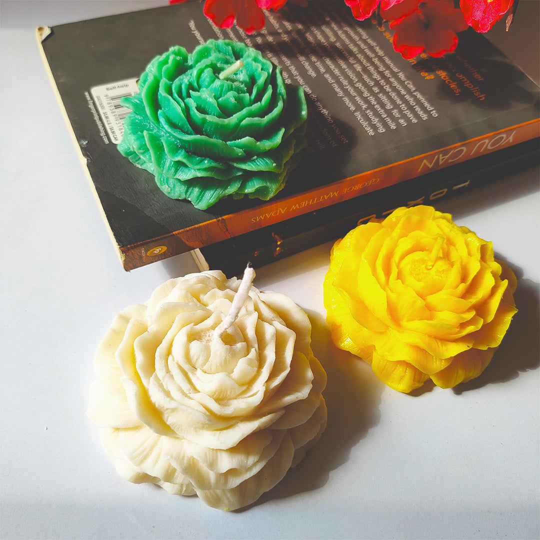 set of 3 Decorative Rose Flower Candles (White, Yellow & Green) – Perfect for Home Décor & Gifting