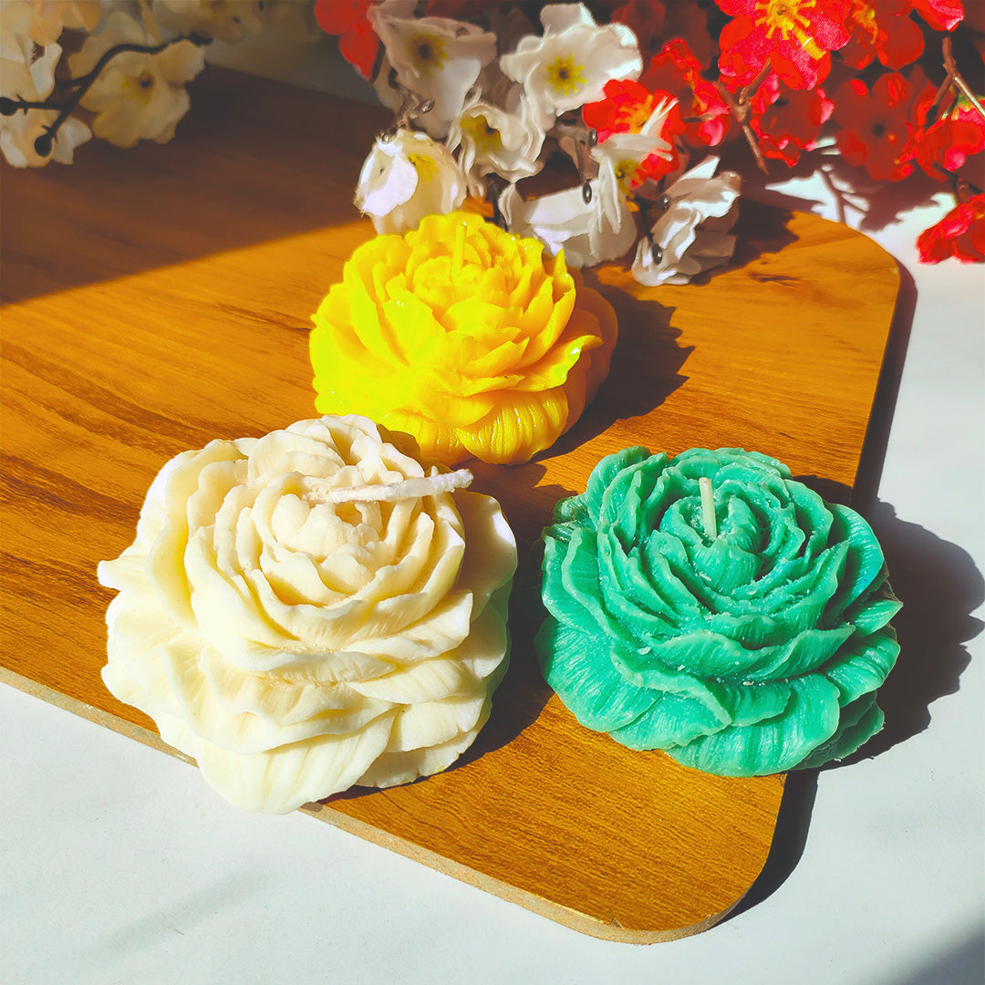 set of 3 Decorative Rose Flower Candles (White, Yellow & Green) – Perfect for Home Décor & Gifting