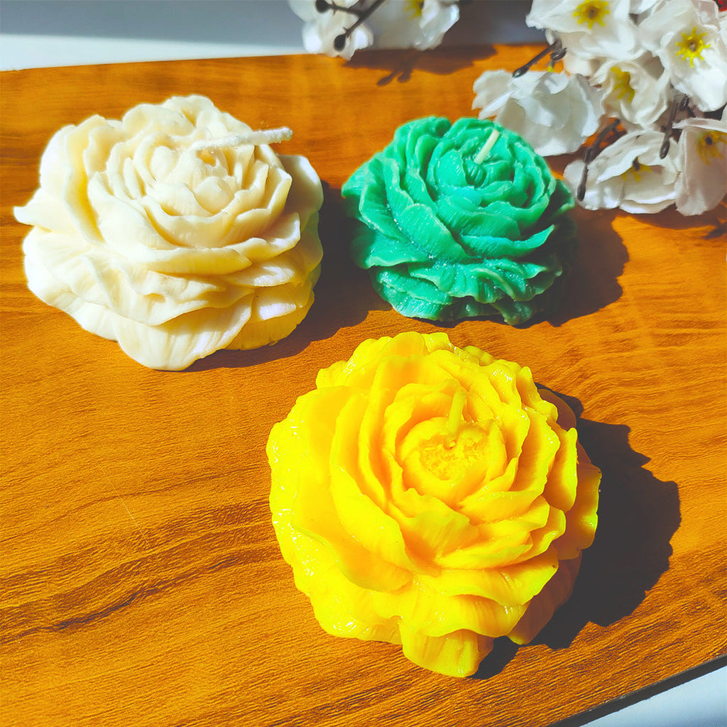 set of 3 Decorative Rose Flower Candles (White, Yellow & Green) – Perfect for Home Décor & Gifting