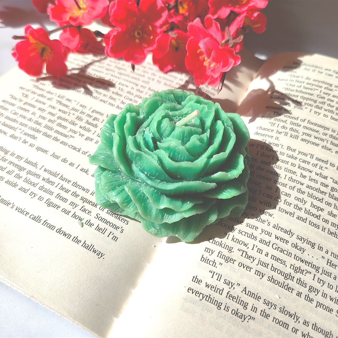 set of 3 Decorative Rose Flower Candles (White, Yellow & Green) – Perfect for Home Décor & Gifting