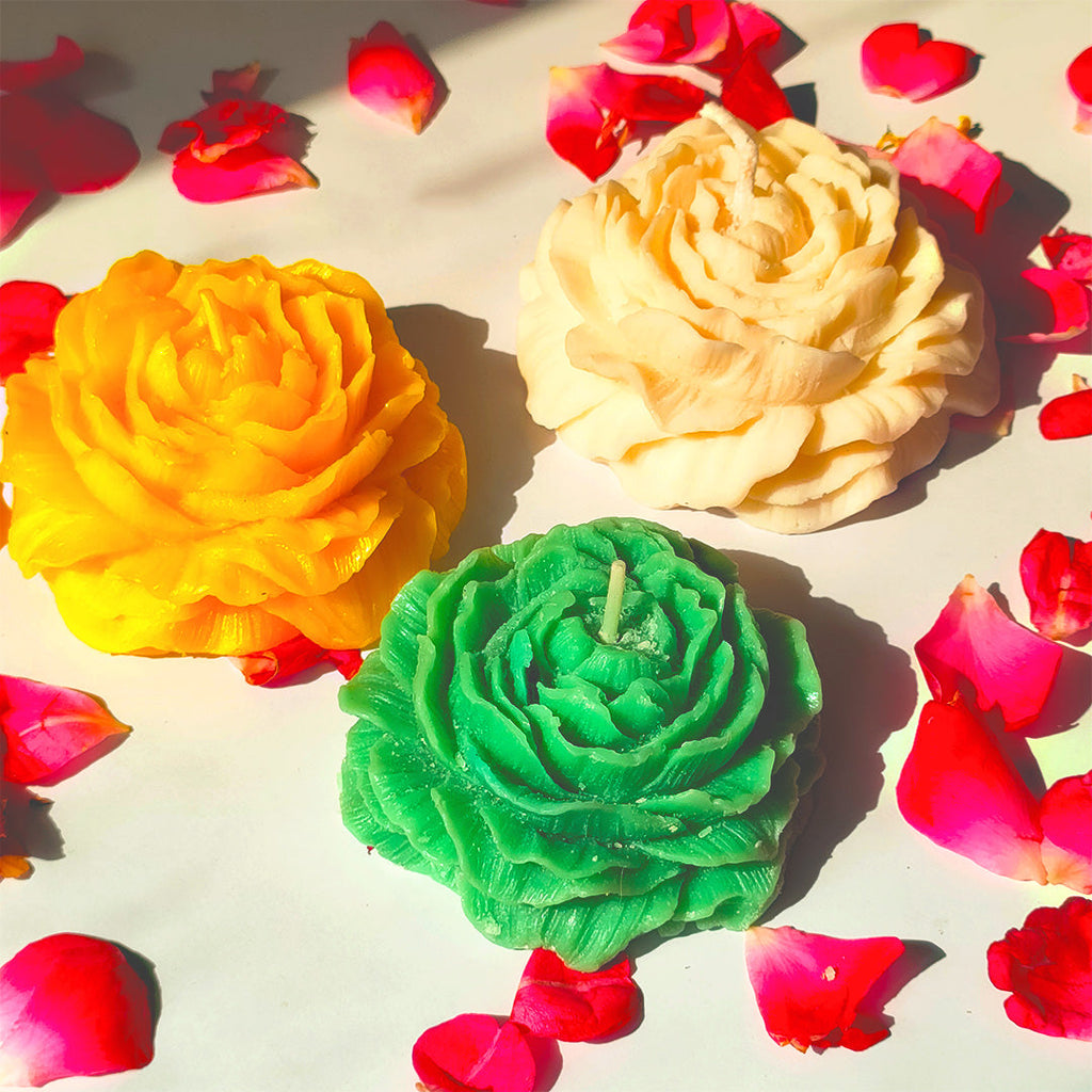set of 3 Decorative Rose Flower Candles (White, Yellow & Green) – Perfect for Home Décor & Gifting