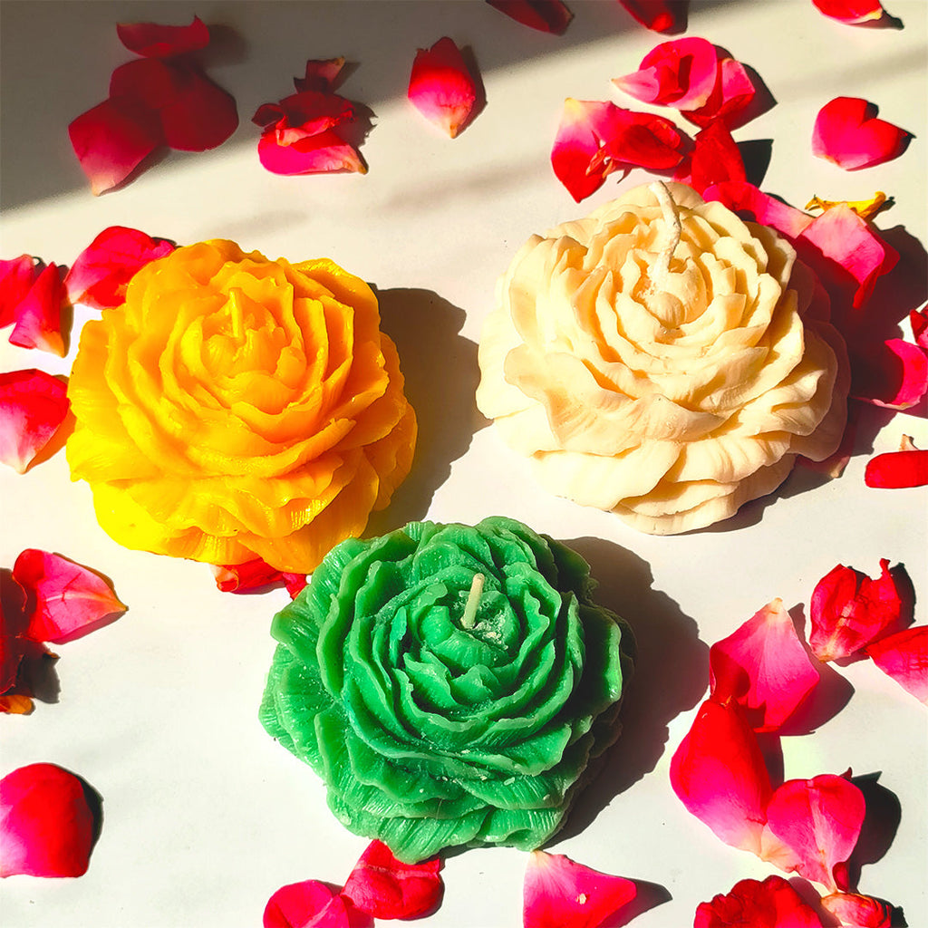 set of 3 Decorative Rose Flower Candles (White, Yellow & Green) – Perfect for Home Décor & Gifting