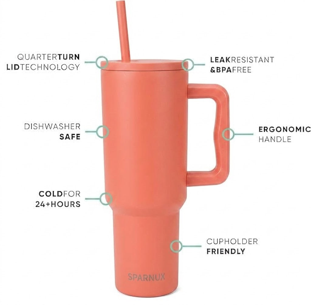 Premium Insulated Orange Color Tumbler with Handle & Straw