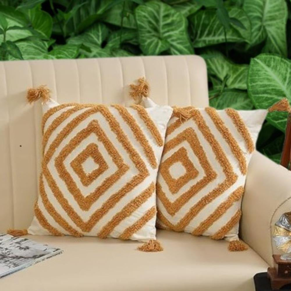 Boho Tufted Diamond Cushion Cover Set – Beige & Mustard Decorative Throw Pillow Covers with Tassels for Sofa, Living Room & Bedroom (Pack of 2)