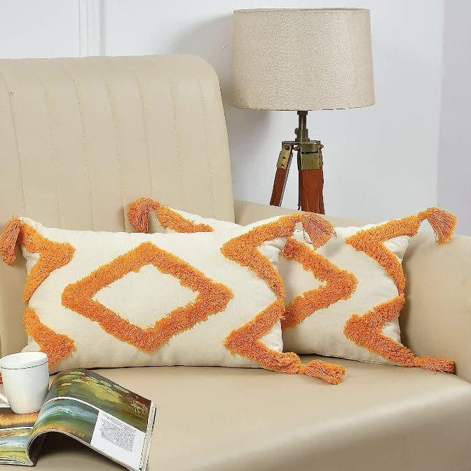 Boho Tufted Diamond Cushion Cover Set – Beige & Rust Orange Decorative Lumbar Throw Pillow Covers with Tassels for Sofa, Couch & Bedroom (Pack of 2)