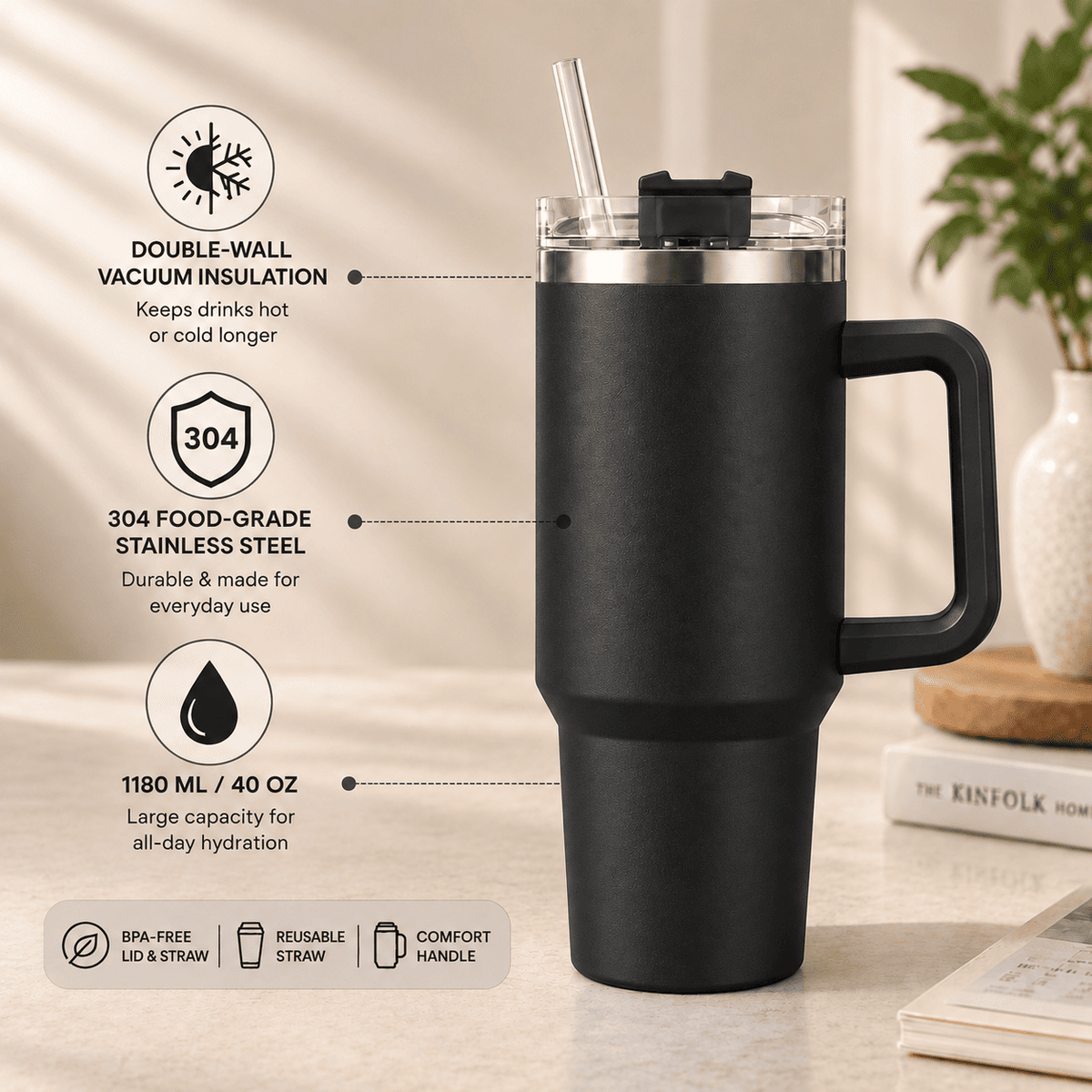 H20 FlowState 40oz Stainless Steel Vacuum Insulated Tumbler ( BLACK )