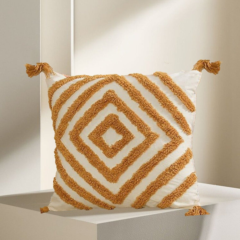 Boho Tufted Diamond Cushion Cover Set – Beige & Mustard Decorative Throw Pillow Covers with Tassels for Sofa, Living Room & Bedroom (Pack of 2)