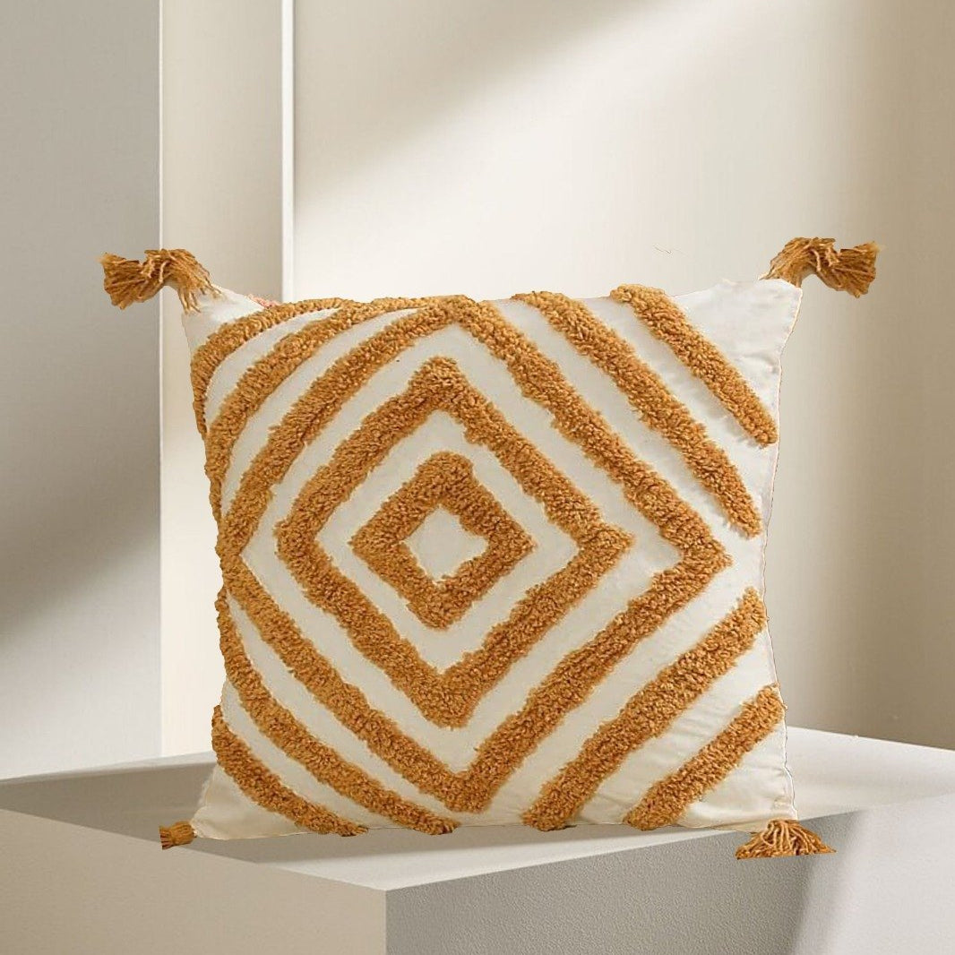 Boho Tufted Diamond Cushion Cover Set – Beige & Mustard Decorative Throw Pillow Covers with Tassels for Sofa, Living Room & Bedroom (Pack of 2)