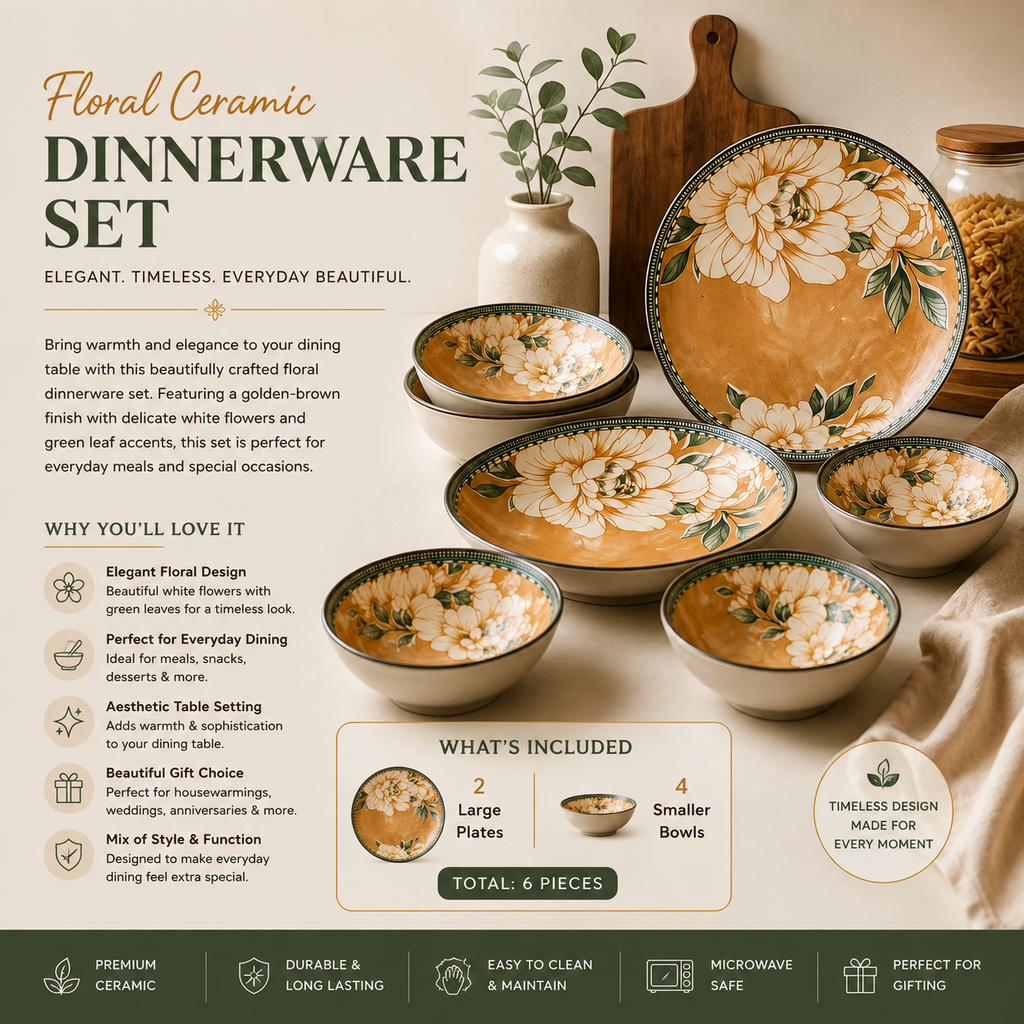 Floral Ceramic Dinnerware Set – Elegant Golden Floral Tableware for Dining & Serving