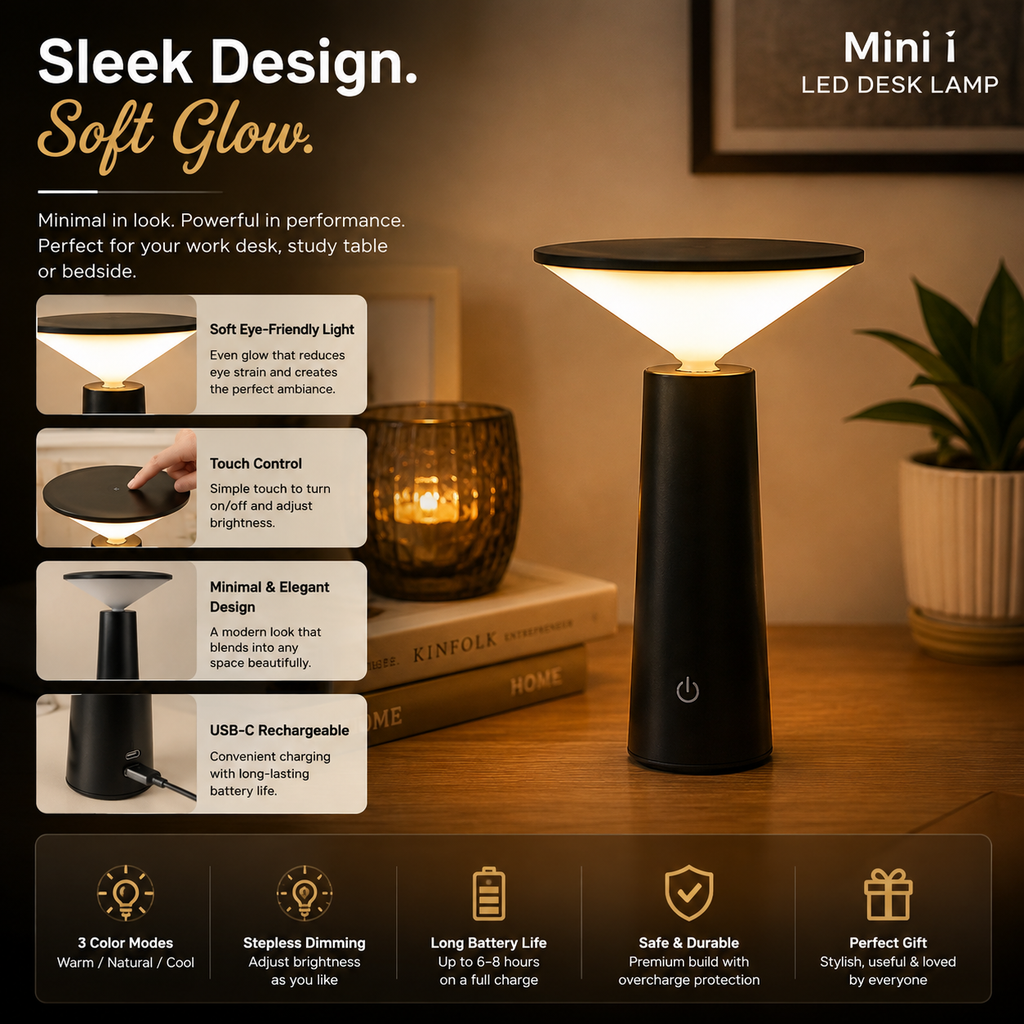 Mini LED Desk Lamp – Modern Rechargeable Touch Table Light