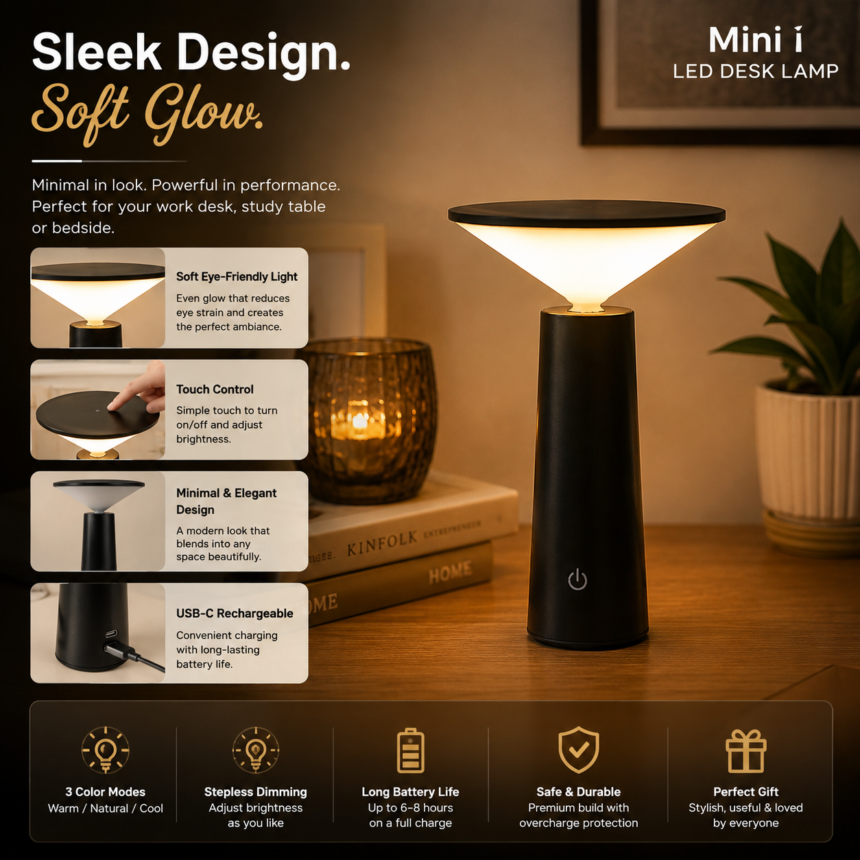 Mini LED Desk Lamp – Modern Rechargeable Touch Table Light