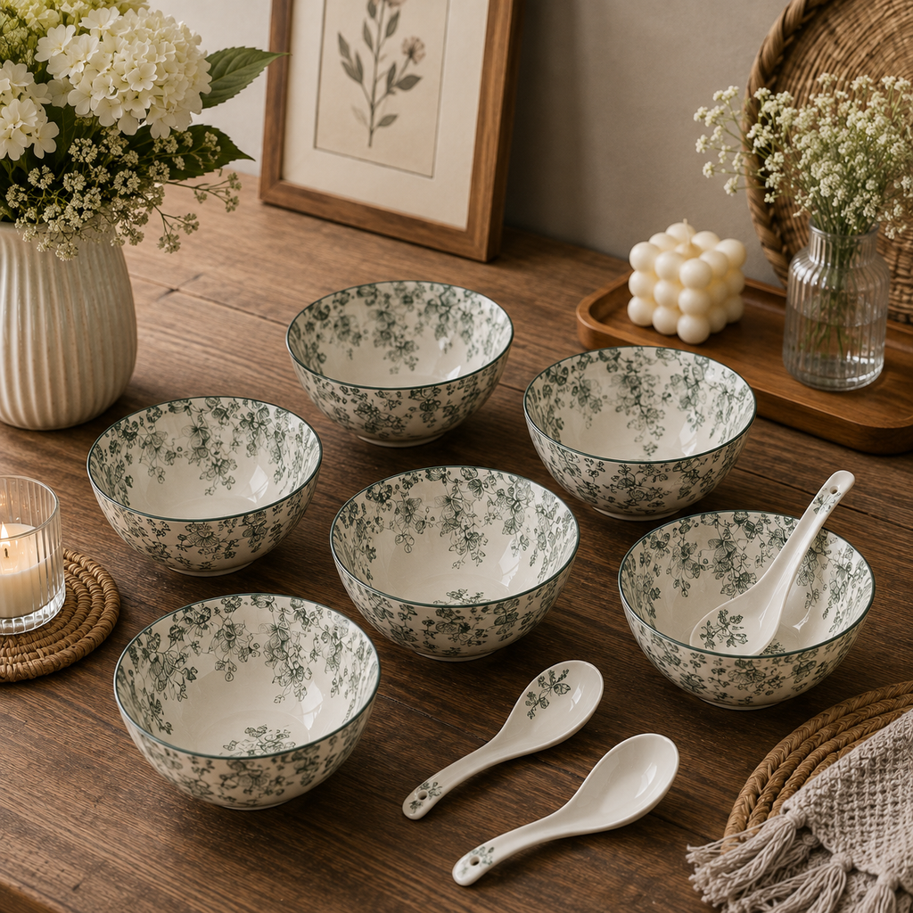 Boutique Ceramic Soup Bowl Set – Elegant Green Floral Bowls for Everyday Dining