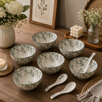 Boutique Ceramic Soup Bowl Set – Elegant Green Floral Bowls for Everyday Dining