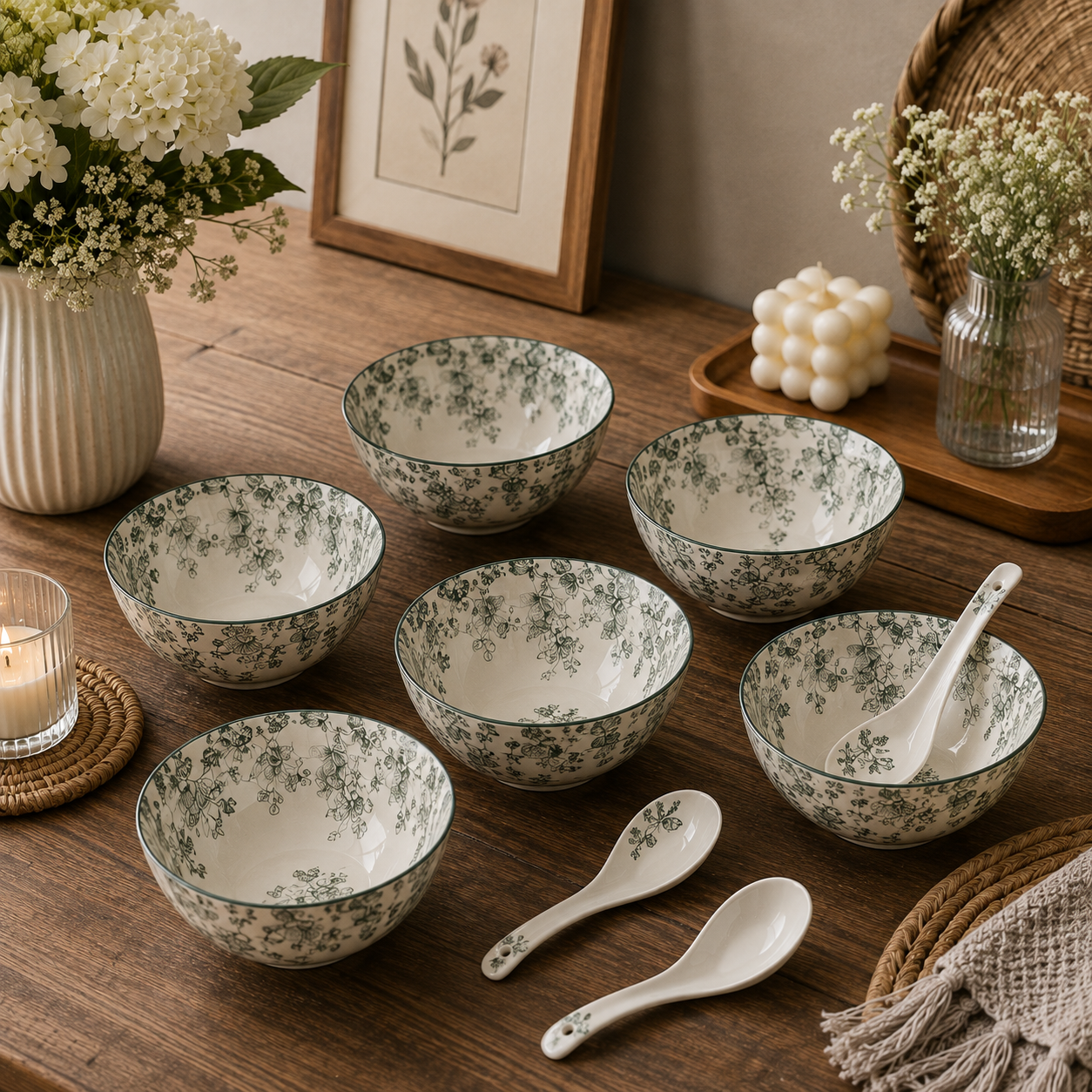 Boutique Ceramic Soup Bowl Set – Elegant Green Floral Bowls for Everyday Dining