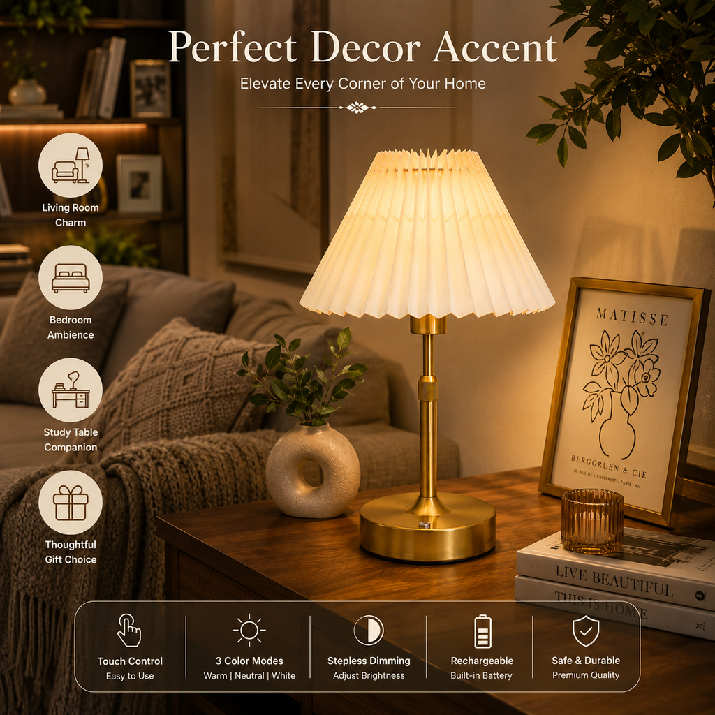 Modern Gold Table Lamp with Pleated Shade – Elegant Bedside