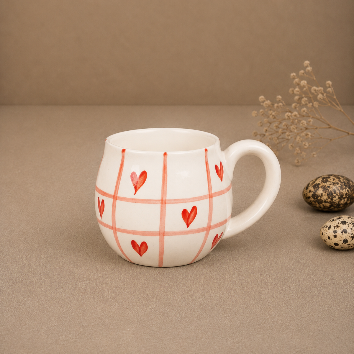 White Ceramic Heart Print Mug – Cute Pink Grid Design Coffee & Tea Cup