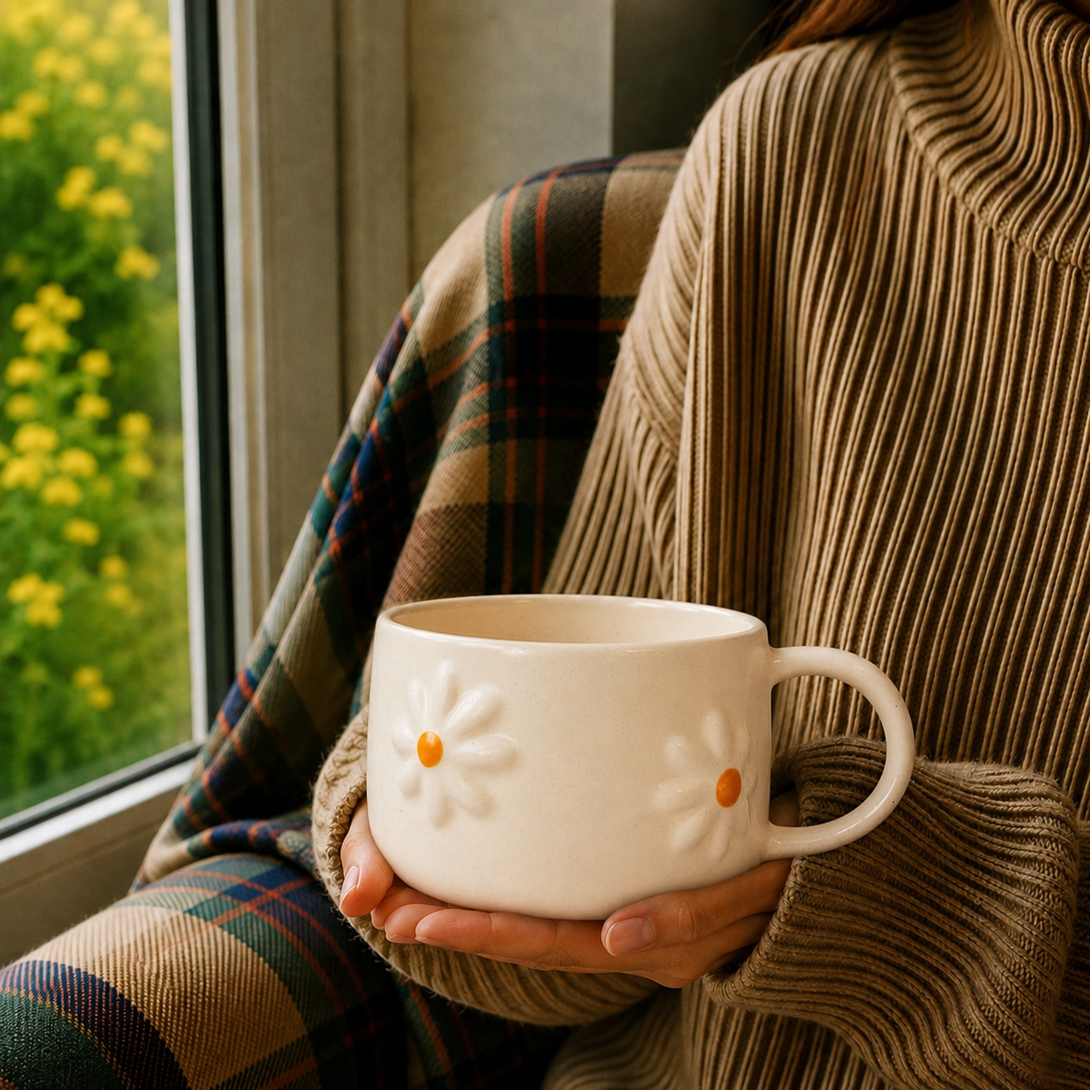 White Ceramic Daisy Mug with 3D Flower Design – Cute Aesthetic Coffee Cup for Tea & Coffee