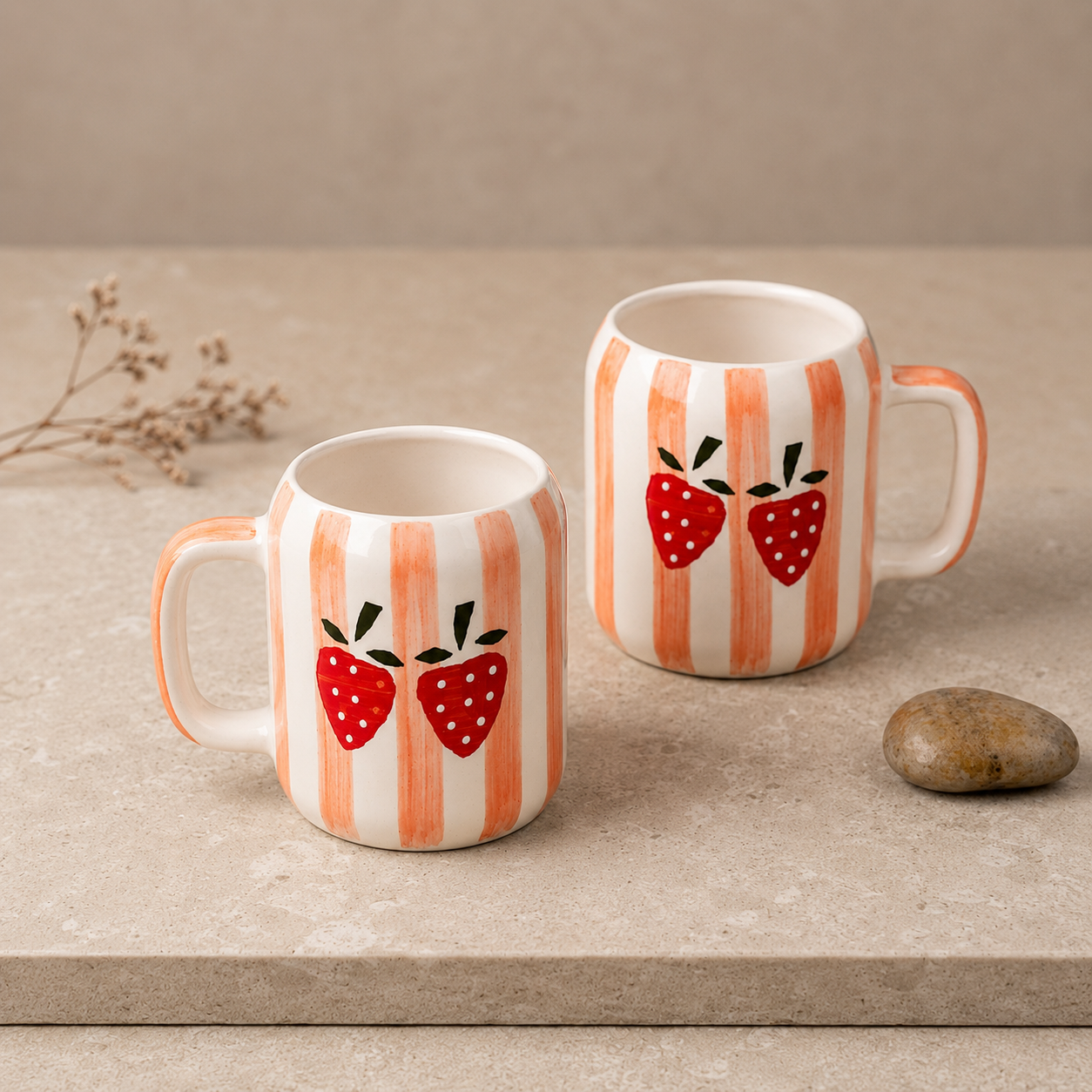 White Ceramic Coffee Mug with Strawberry Hand Painted Design