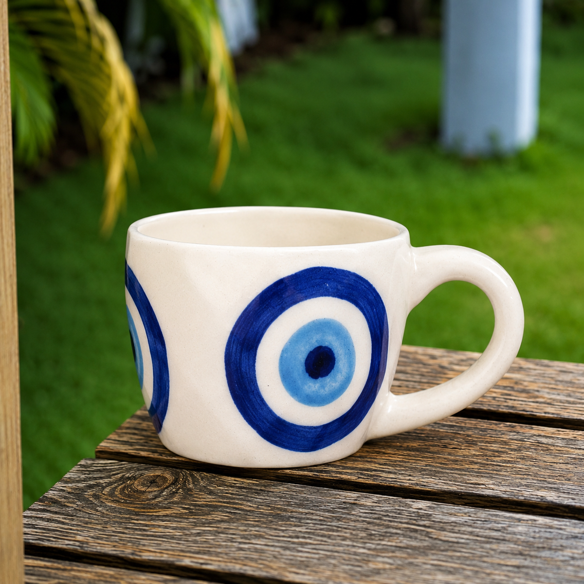 White Ceramic Cup & Saucer with Blue Evil Eye Design – Aesthetic Tea & Coffee Mug Set