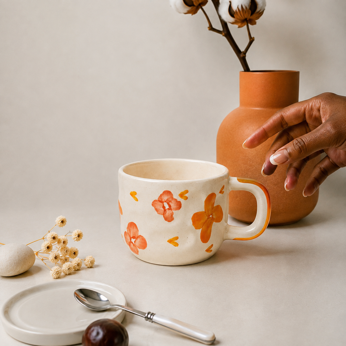 Cream Ceramic Mug with Orange Floral Design – Cute Aesthetic Coffee Cup for Tea & Coffee