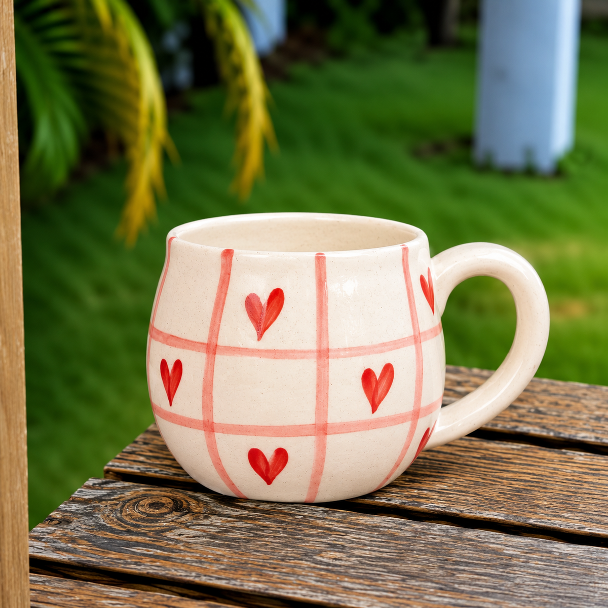 White Ceramic Heart Print Mug – Cute Pink Grid Design Coffee & Tea Cup