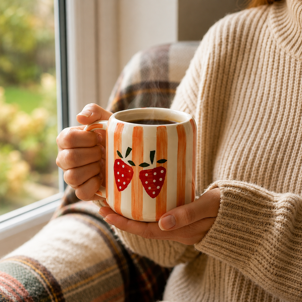 White Ceramic Coffee Mug with Strawberry Hand Painted Design