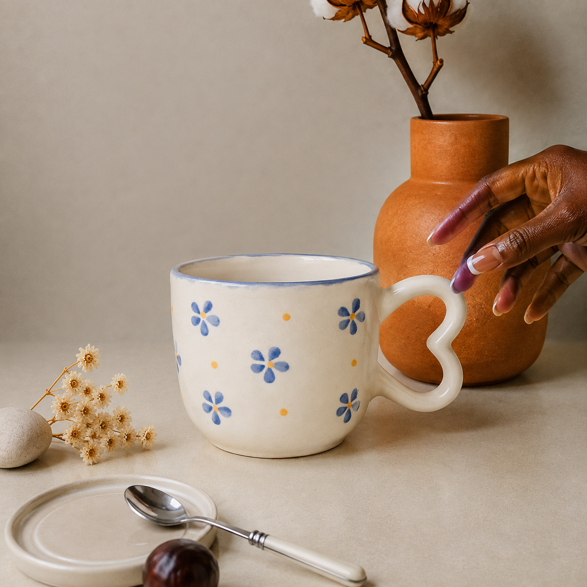 White Ceramic Blue Flower Mug – Cute Floral Print Coffee & Tea Cup