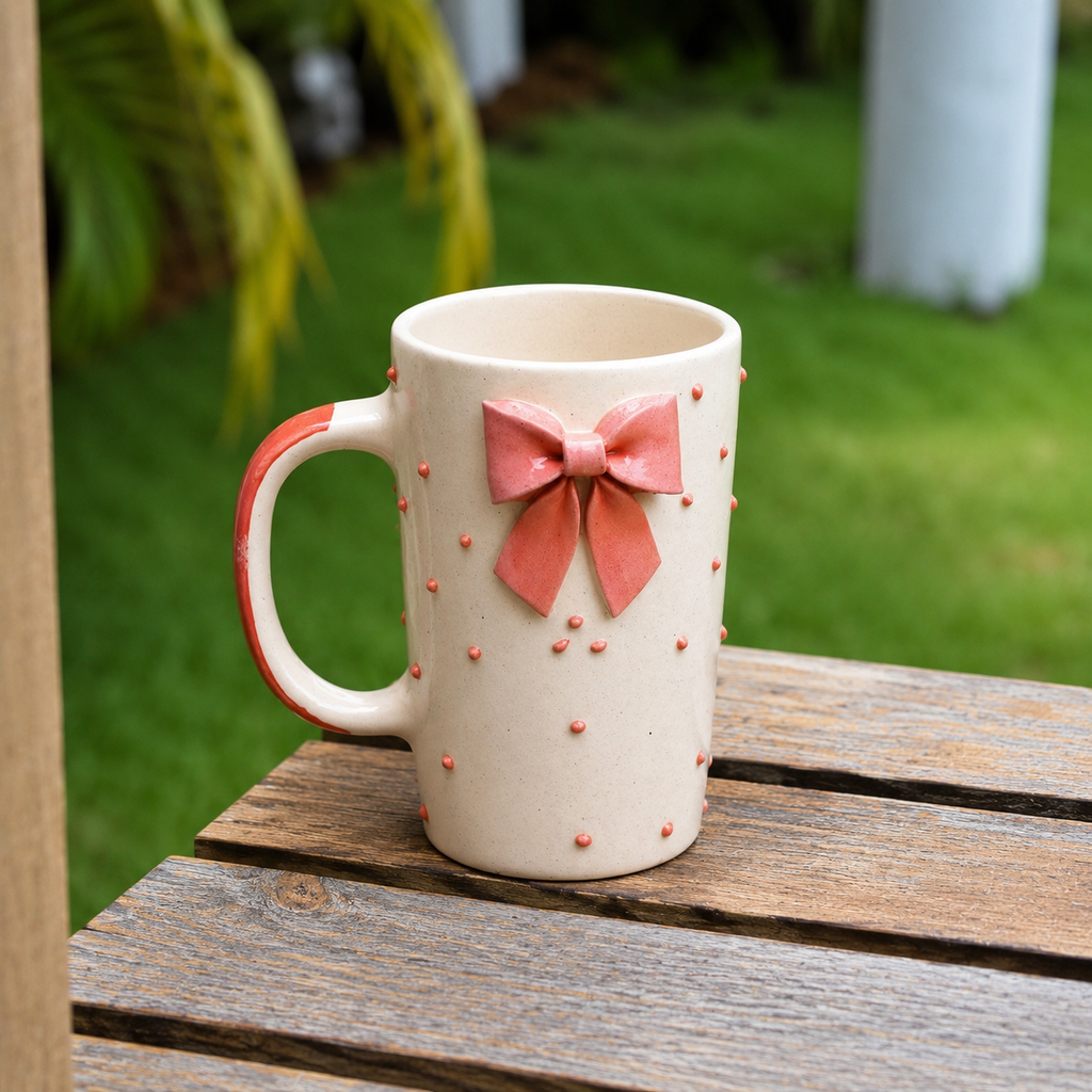 Ceramic Coffee Mug with 3D Bow Design & Pearl Dot Detailing