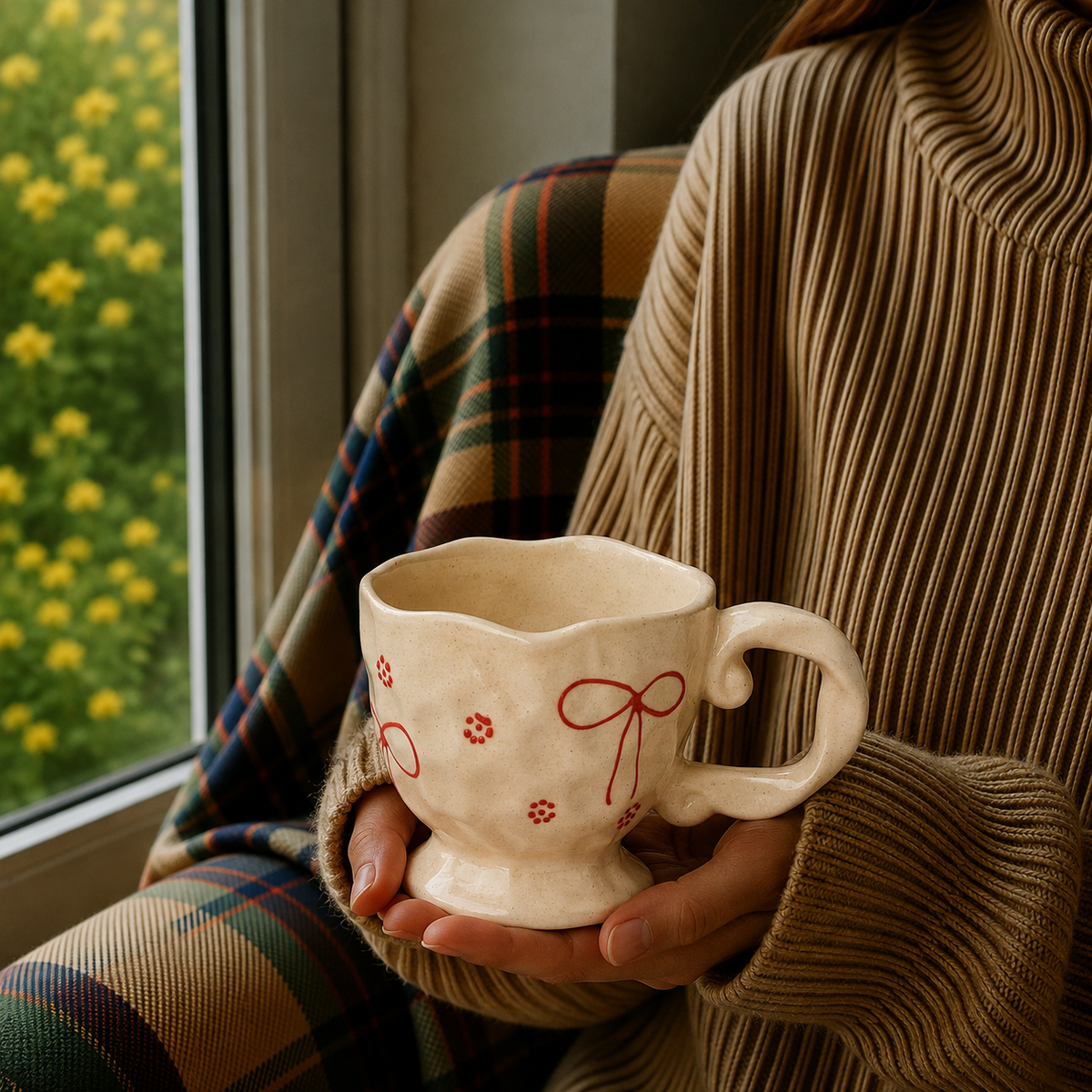 White Ceramic Bow Mug with Red Floral Details – Cute Aesthetic Coffee Cup for Tea & Coffee