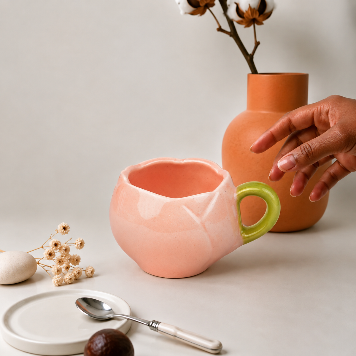 Pastel Pink & Green Ceramic Tea Cup with Saucer – Cute Aesthetic Coffee Mug Set for Home & Office
